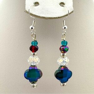 Artisan Made Multicolor Crystal Clover Dangle Earrings and Silver Plated Hooks